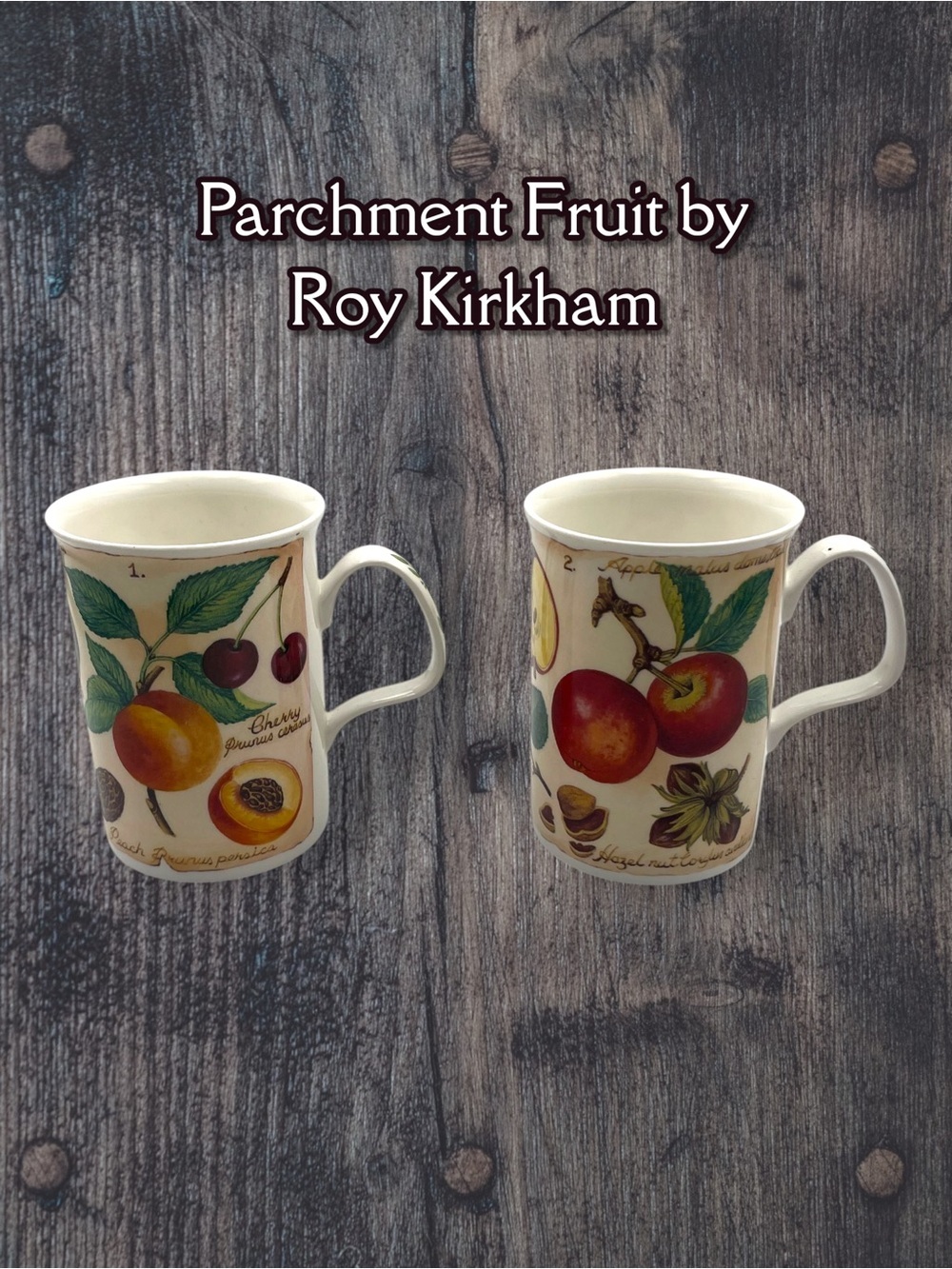 2 Roy Kirkham Parchment Fruit Mug or Cup Fine Bone China England 2000.